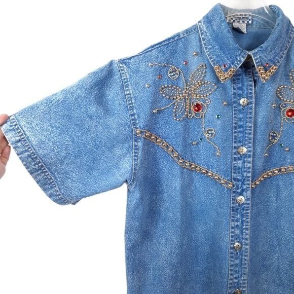 VTG 80s Pretty Bleu Stonewash Cotton Denim Gold Beaded Gems Short Sleeve Shirt S - Picture 3 of 12